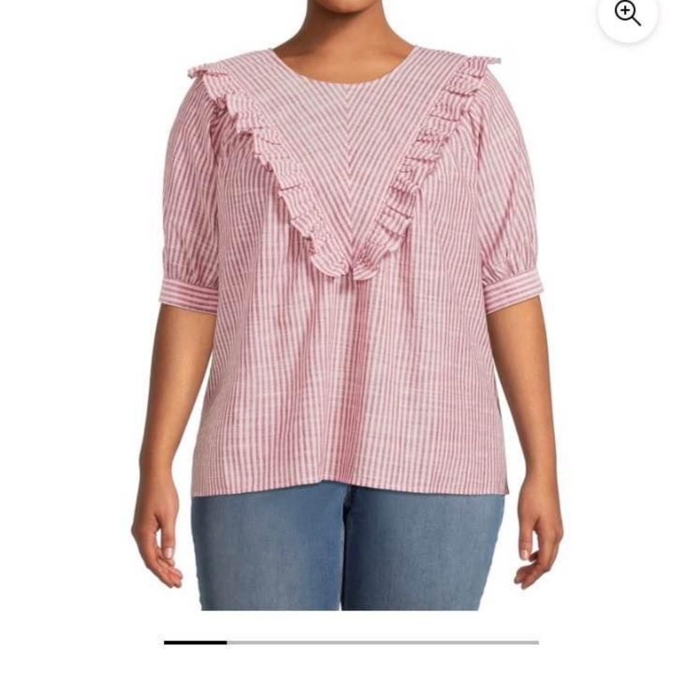 Terra & Sky Pink and White Puff Sleeve Ruffled Blouse 100% cotton